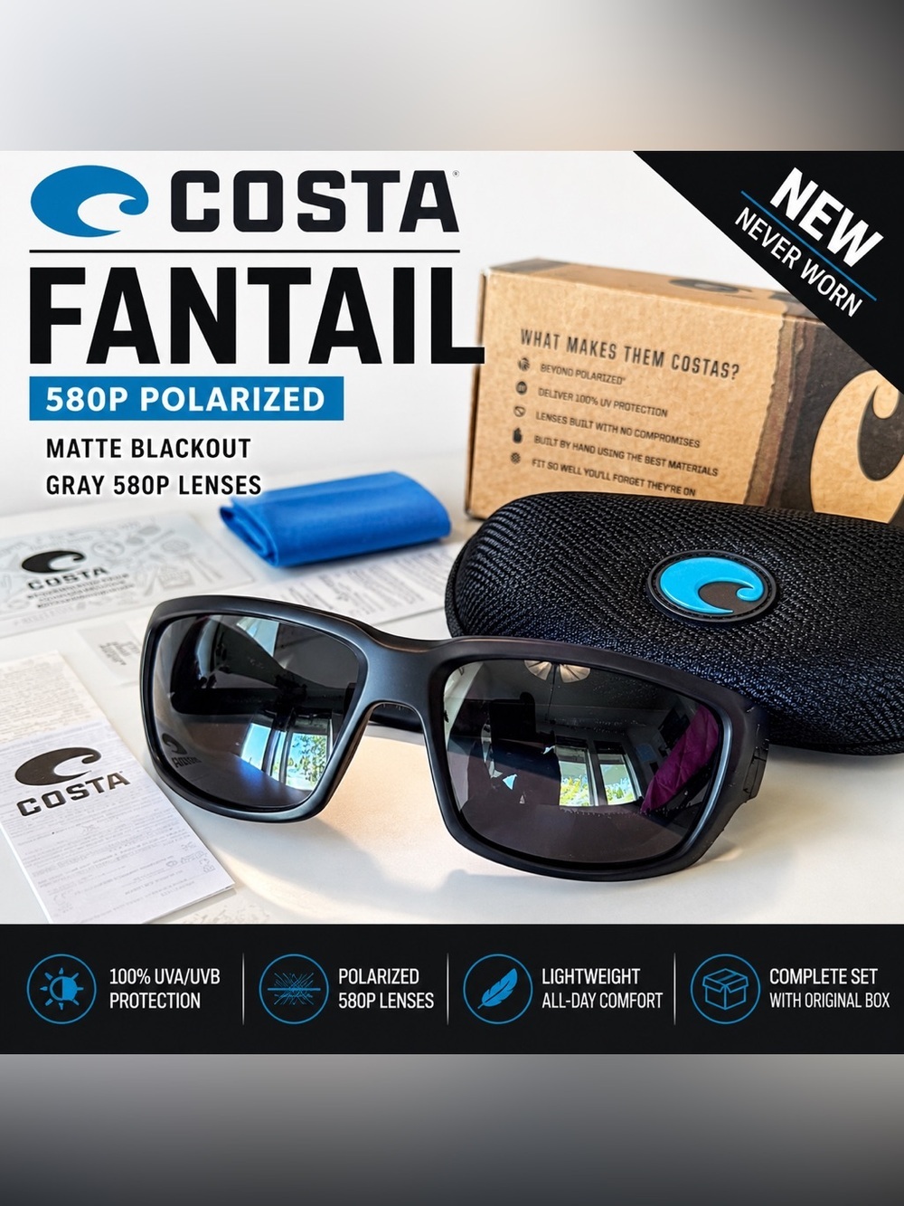 Costa Del Mar Fantail Polarized Sunglasses Matte Black Gray 580P New